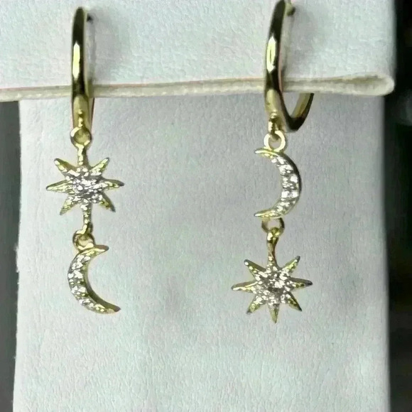 14K Gold & Sterling Silver Stars & Moon Earrings - Picture 3 of 5